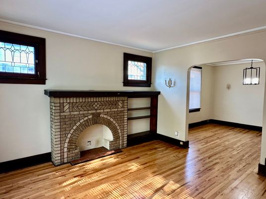 Empty room, Fireplace, Interior, Pendant Lights, Wood Texture Flooring