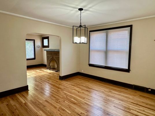 Empty room, Fireplace, Interior, Pendant Lights, Wood Texture Flooring