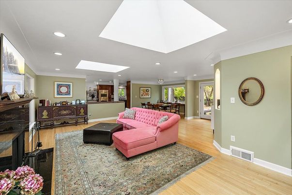 Dining room, Fireplace, Interior, Living room, Recessed Lighting, Wood Texture Flooring