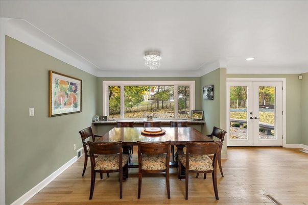 Dining room, Interior, Recessed Lighting, Wood Texture Flooring