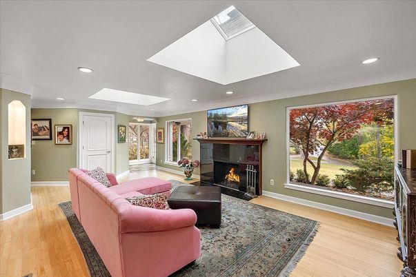 Fireplace, Interior, Living room, Recessed Lighting, Wood Texture Flooring