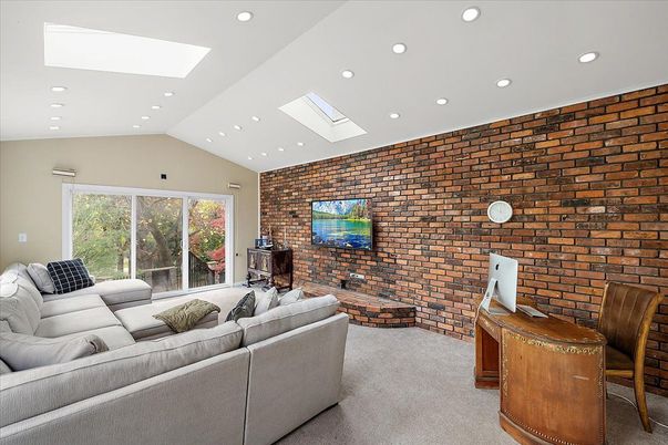 Fireplace, Interior, Living room, Recessed Lighting, Stone Walls