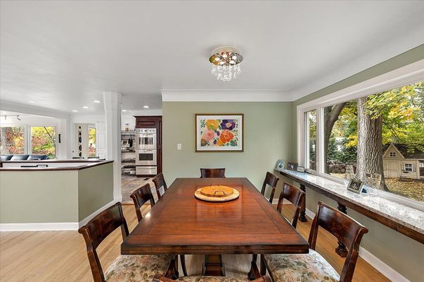 Dining room, Interior, Kitchen, Recessed Lighting, Stainless Steel Appliances, Wood Texture Flooring