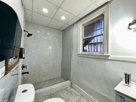 Bathroom, Glass Shower, Interior, Recessed Lighting, Wood Texture Flooring