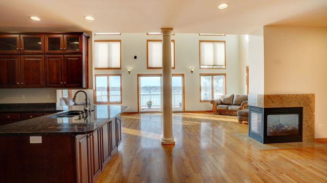 Fireplace, Interior, Kitchen, Living room, Recessed Lighting, Wood Texture Flooring