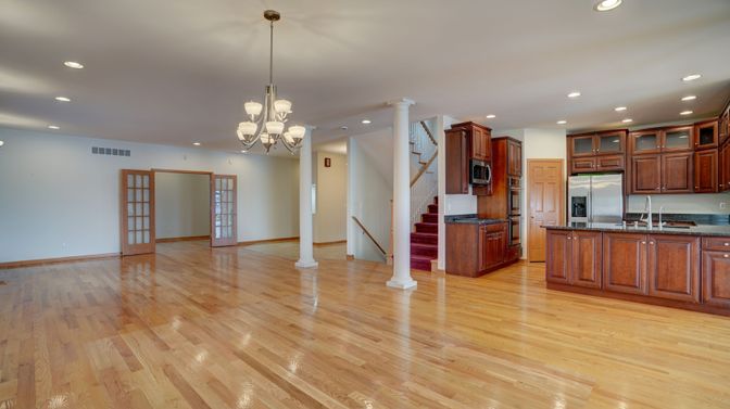 Chandelier, Interior, Kitchen, Recessed Lighting, Wood Texture Flooring