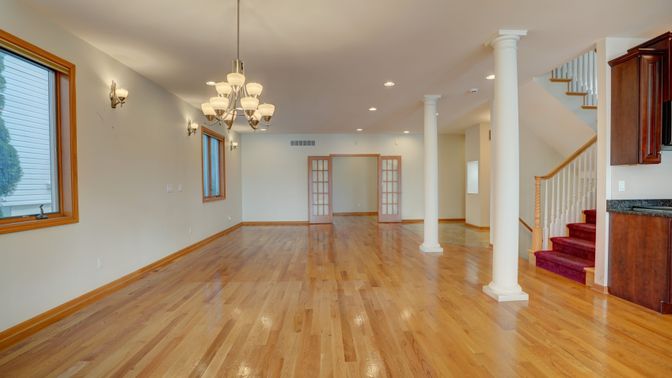 Chandelier, Empty room, Interior, Recessed Lighting, Wood Texture Flooring