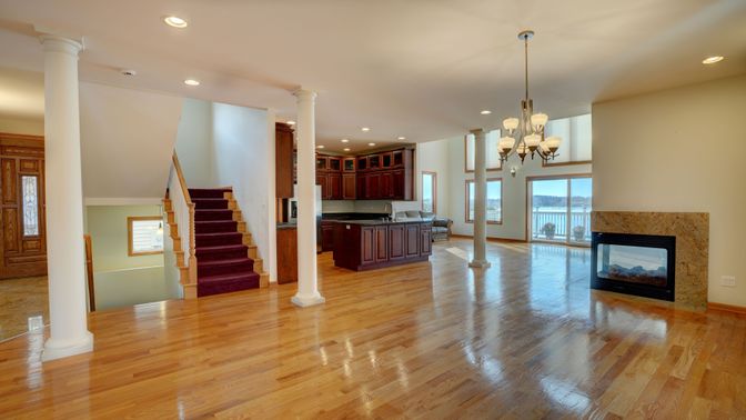 Chandelier, Fireplace, Interior, Pendant Lights, Recessed Lighting, Wood Texture Flooring