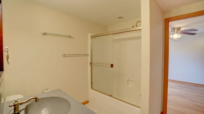 Bathroom, Glass Shower, Interior, Wood Texture Flooring