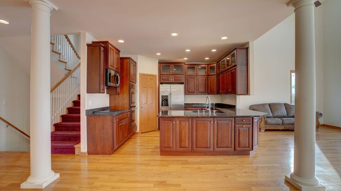 Interior, Kitchen, Recessed Lighting, Stainless Steel Appliances, Wood Texture Flooring