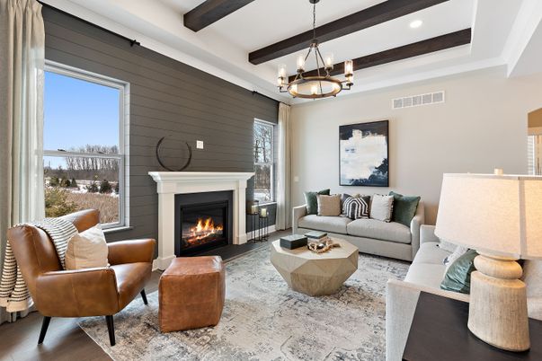 Chandelier, Fireplace, Interior, Living room, Pendant Lights, Recessed Lighting, Wooden Beams, Wood Texture Flooring