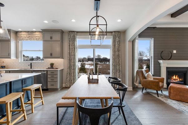 Dining room, Fireplace, Interior, Kitchen, Living room, Pendant Lights, Recessed Lighting, Wood Texture Flooring