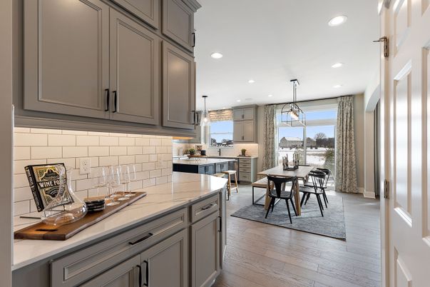 Dining room, Interior, Kitchen, Pendant Lights, Recessed Lighting, Wood Texture Flooring