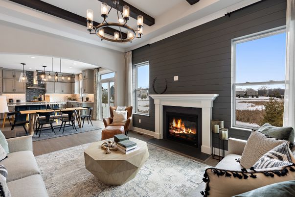 Chandelier, Dining room, Fireplace, Interior, Kitchen, Living room, Pendant Lights, Recessed Lighting, Wood Texture Flooring
