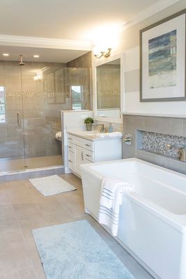 Bathroom, Dual Sink Vanities, Glass Shower, Interior, Recessed Lighting