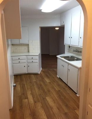 Interior, Kitchen, Tile Countertops, Wood Texture Flooring