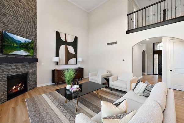 Fireplace, Interior, Living room, Recessed Lighting, Wood Texture Flooring