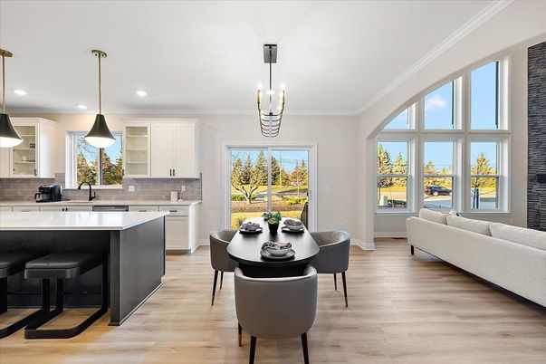 Dining room, Interior, Kitchen, Living room, Pendant Lights, Recessed Lighting, Wood Texture Flooring