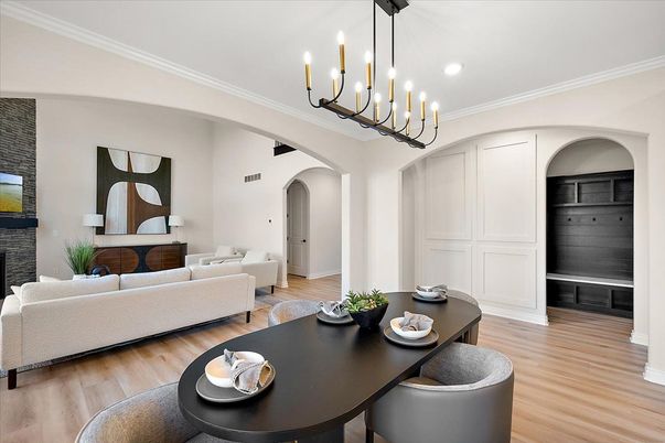 Chandelier, Dining room, Interior, Living room, Recessed Lighting, Wood Texture Flooring