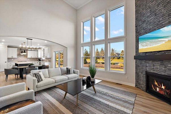 Dining room, Fireplace, Interior, Kitchen, Living room, Pendant Lights, Recessed Lighting, Wood Texture Flooring