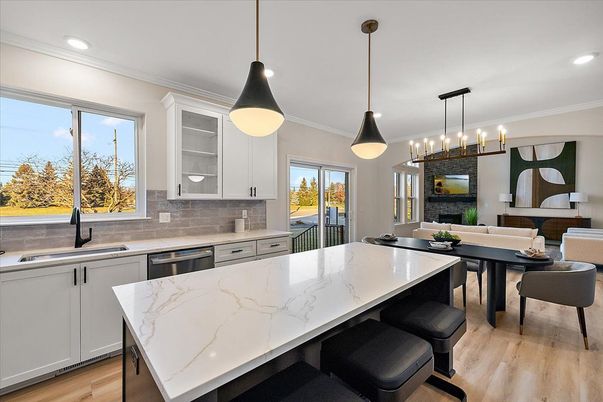 Dining room, Interior, Kitchen, Pendant Lights, Recessed Lighting, Wood Texture Flooring