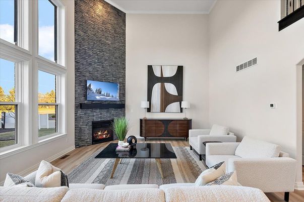 Fireplace, Interior, Living room, Stone Walls, Wood Texture Flooring