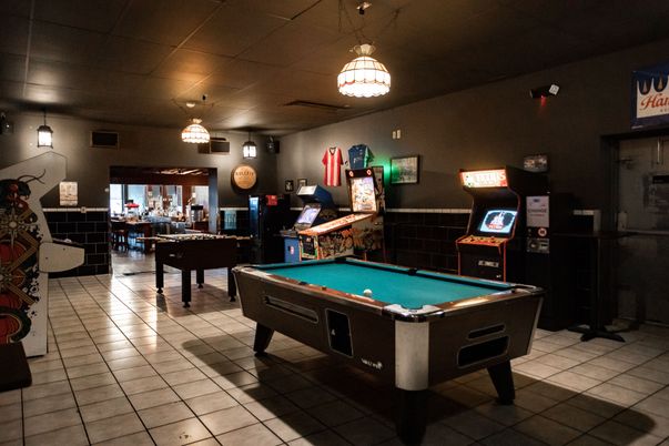 Billiard Table, Game Room, Interior, Pendant Lights, Piano