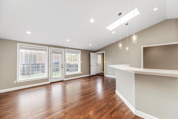 Empty room, Interior, Pendant Lights, Recessed Lighting, Wood Texture Flooring
