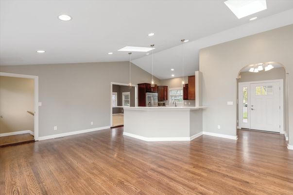 Empty room, Interior, Kitchen, Pendant Lights, Recessed Lighting, Wood Texture Flooring