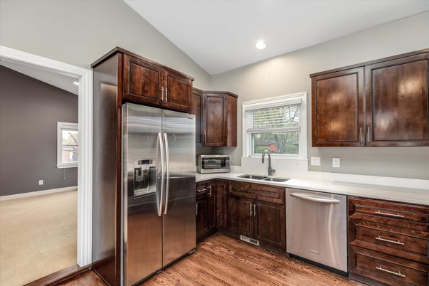 Interior, Kitchen, Recessed Lighting, Stainless Steel Appliances, Wood Texture Flooring
