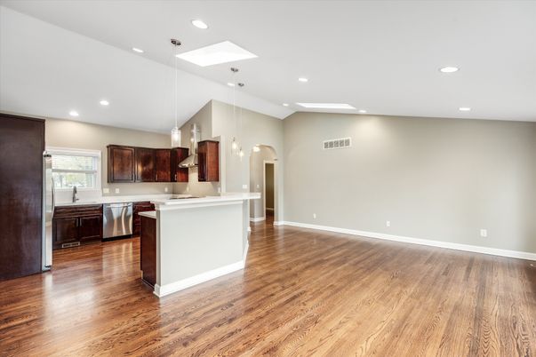 Interior, Kitchen, Pendant Lights, Recessed Lighting, Stainless Steel Appliances, Wood Texture Flooring