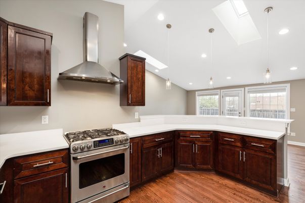Interior, Kitchen, Pendant Lights, Recessed Lighting, Stainless Steel Appliances, Wood Texture Flooring