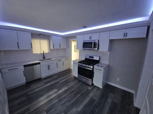 Interior, Kitchen, Recessed Lighting, Stainless Steel Appliances, Wood Texture Flooring