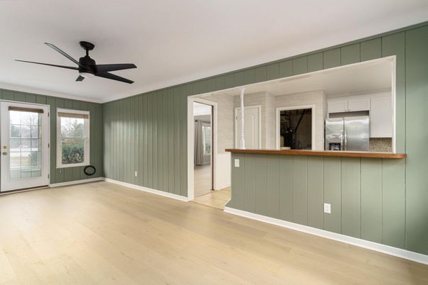 Empty room, Interior, Kitchen, Stainless Steel Appliances, Wood Texture Flooring