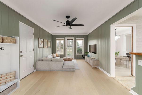 Bedroom, Dining room, Interior, Living room, Pendant Lights, Wood Texture Flooring
