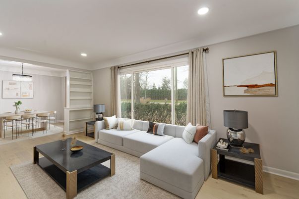 Dining room, Interior, Living room, Pendant Lights, Recessed Lighting, Wood Texture Flooring