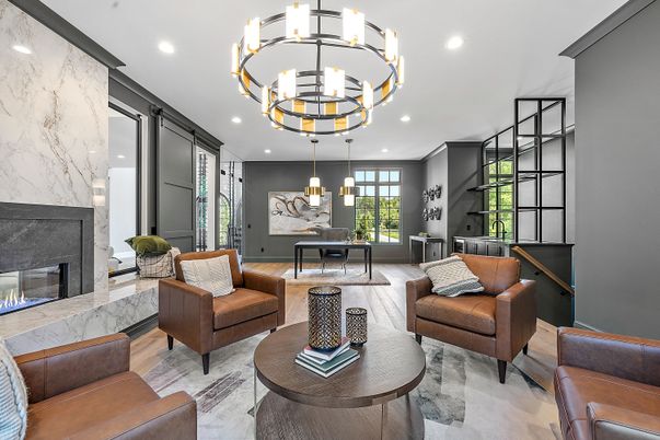 Chandelier, Dining room, Fireplace, Interior, Living room, Marble Walls, Pendant Lights, Recessed Lighting, Wood Texture Flooring
