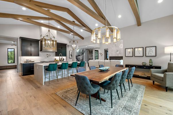 Dining room, Interior, Kitchen, Pendant Lights, Recessed Lighting, Stainless Steel Appliances, Wooden Beams, Wood Texture Flooring