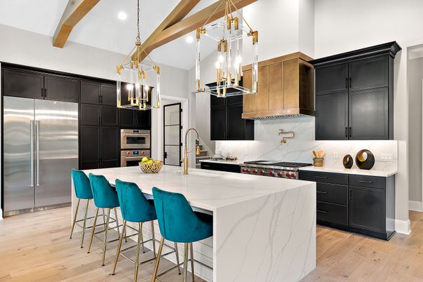 Interior, Kitchen, Pendant Lights, Recessed Lighting, Stainless Steel Appliances, Wooden Beams, Wood Texture Flooring