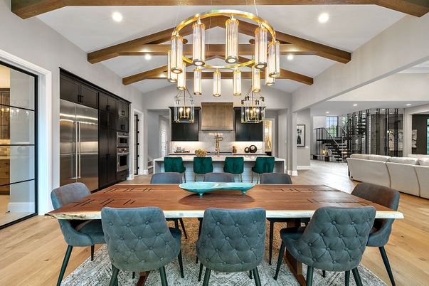 Dining room, Interior, Kitchen, Pendant Lights, Recessed Lighting, Stainless Steel Appliances, Wooden Beams, Wood Texture Flooring