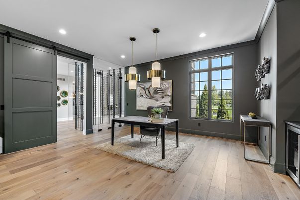 Fireplace, Interior, Pendant Lights, Recessed Lighting, Wood Texture Flooring