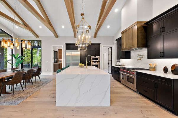 Chandelier, Dining room, Interior, Kitchen, Pendant Lights, Recessed Lighting, Stainless Steel Appliances, Wooden Beams, Wood Texture Flooring