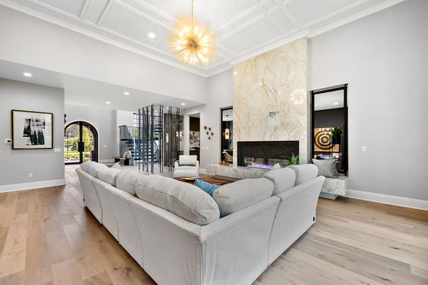 Fireplace, Interior, Living room, Recessed Lighting, Wood Texture Flooring