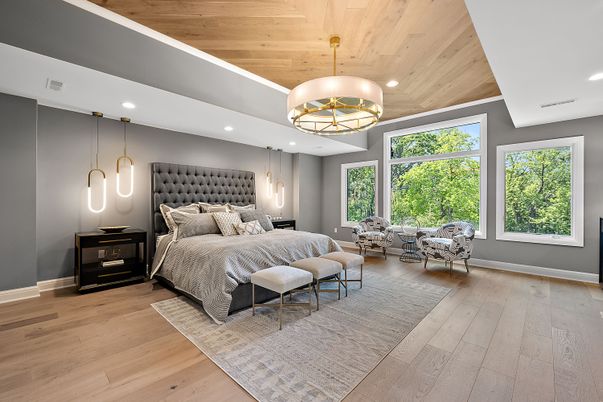 Bedroom, Interior, Pendant Lights, Recessed Lighting, Wooden Ceilings, Wood Texture Flooring