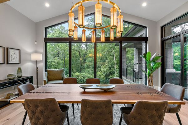 Chandelier, Dining room, Interior, Recessed Lighting, Wood Texture Flooring