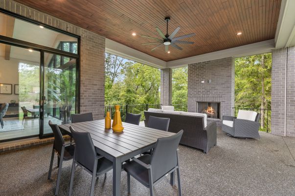 Dining room, Fireplace, Interior, Living room, Recessed Lighting, Stone Walls, Wooden Ceilings