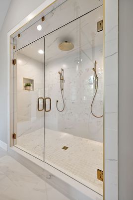 Bathroom, Glass Shower, Interior, Marble, Marble Walls, Recessed Lighting