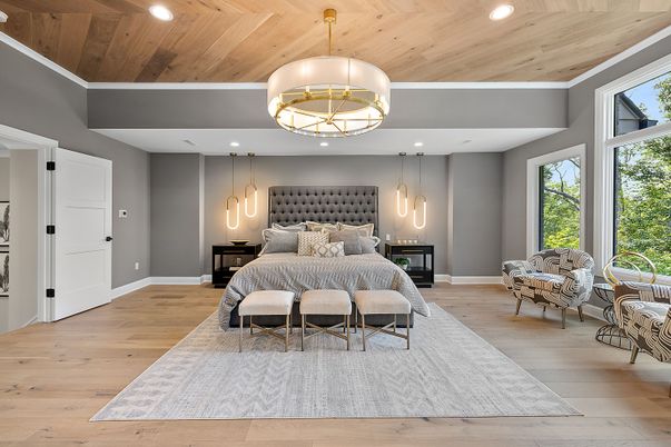 Bedroom, Dining room, Interior, Pendant Lights, Recessed Lighting, Wooden Ceilings, Wood Texture Flooring