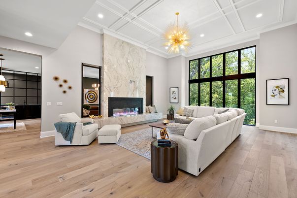 Fireplace, Interior, Living room, Marble Walls, Pendant Lights, Piano, Recessed Lighting, Wood Texture Flooring