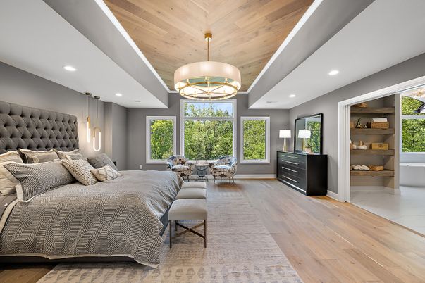 Bedroom, Chandelier, Dining room, Interior, Recessed Lighting, Wooden Ceilings, Wood Texture Flooring